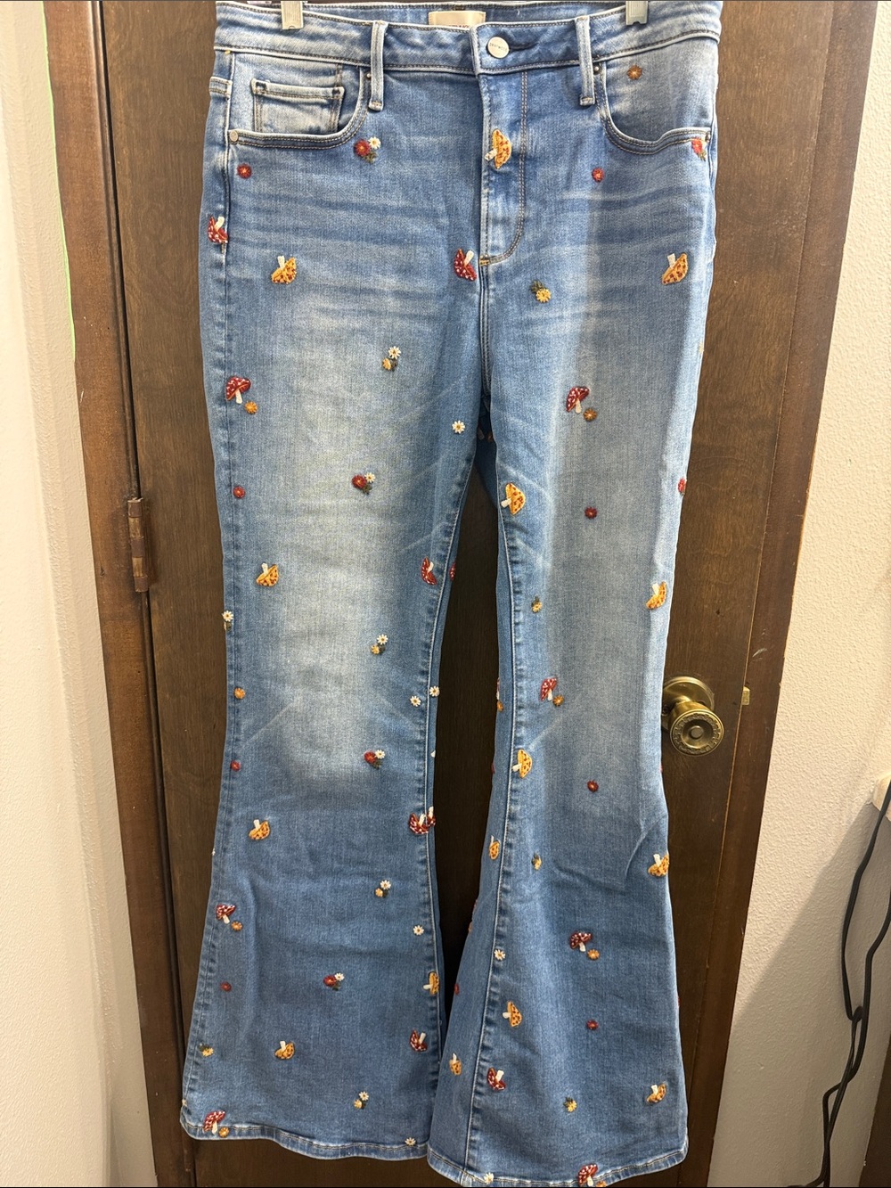 DRIFTWOOD Light Blue Embroidered Flare Jeans with Red & Yellow Accents